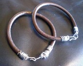 Round Brown Leather Bracelet Thick Cord Wire Wrapped Hook Handmade OOAK Man or Woman Unique Gift SALE