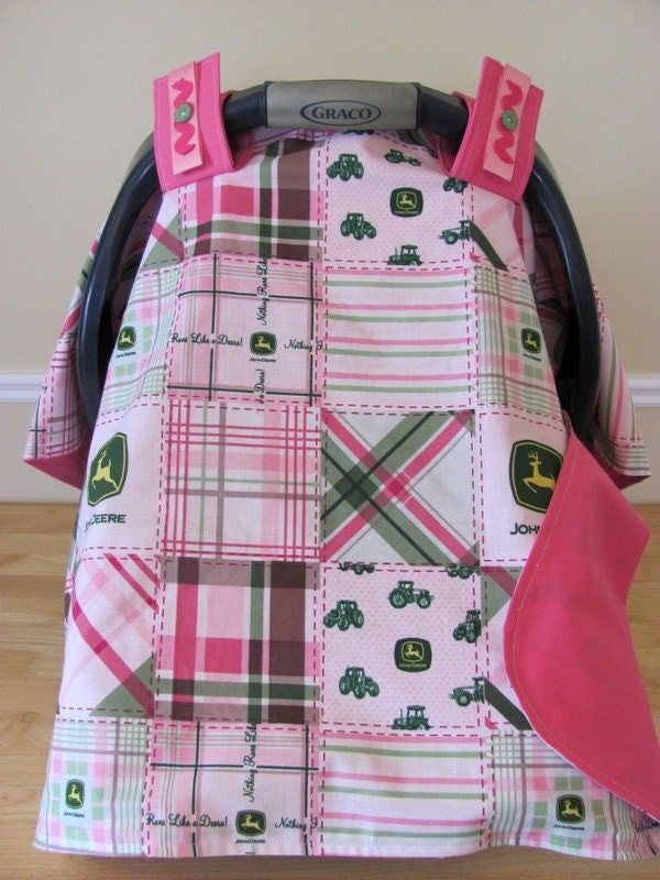 NEW Infant Car Seat Tent/Canopy Cover in John Deere Pink Plaid Patchwork