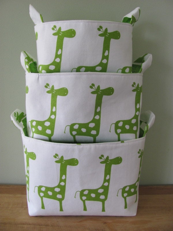NEW Fabric Organizer Basket Storage Container Bin - Set of 3 - Giraffes Green/White