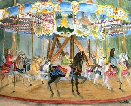 PRINT of Colorful  Watercolor - Carousel Afternoon - 12 x 9.5