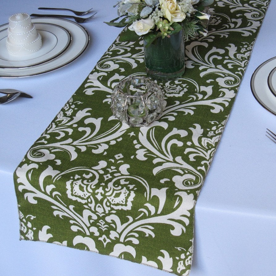 Traditions White on Olive Wedding Damask Table Runner