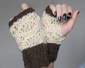 Cattail Hand Warmers - Neutral Brown and Cream Wool Lace Wrist Warmers