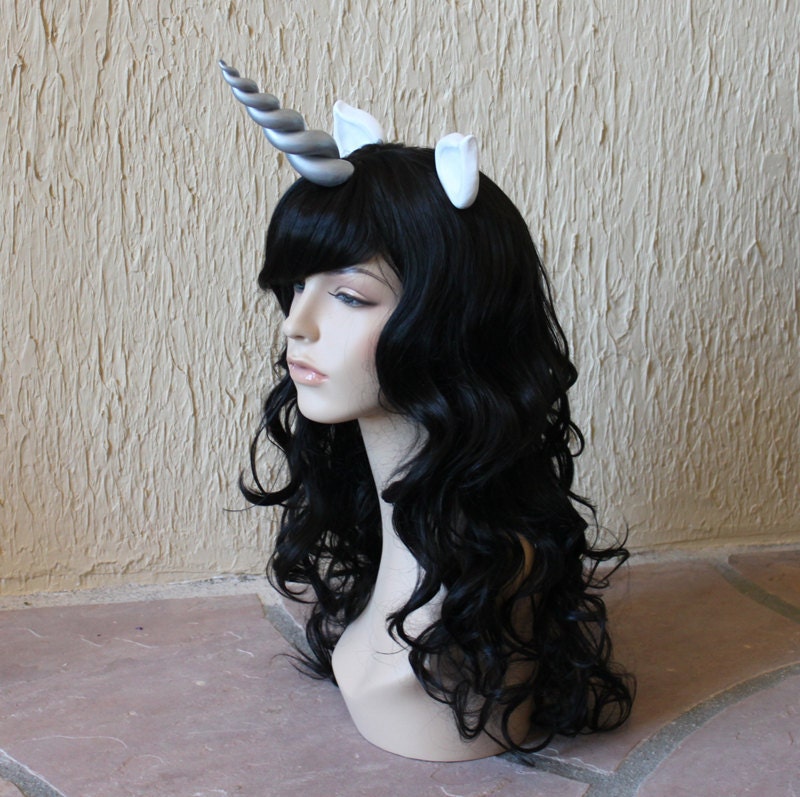 Dark Unicorn costume wig - black curly mane silver horn - horned ball costume / cosplay / horn