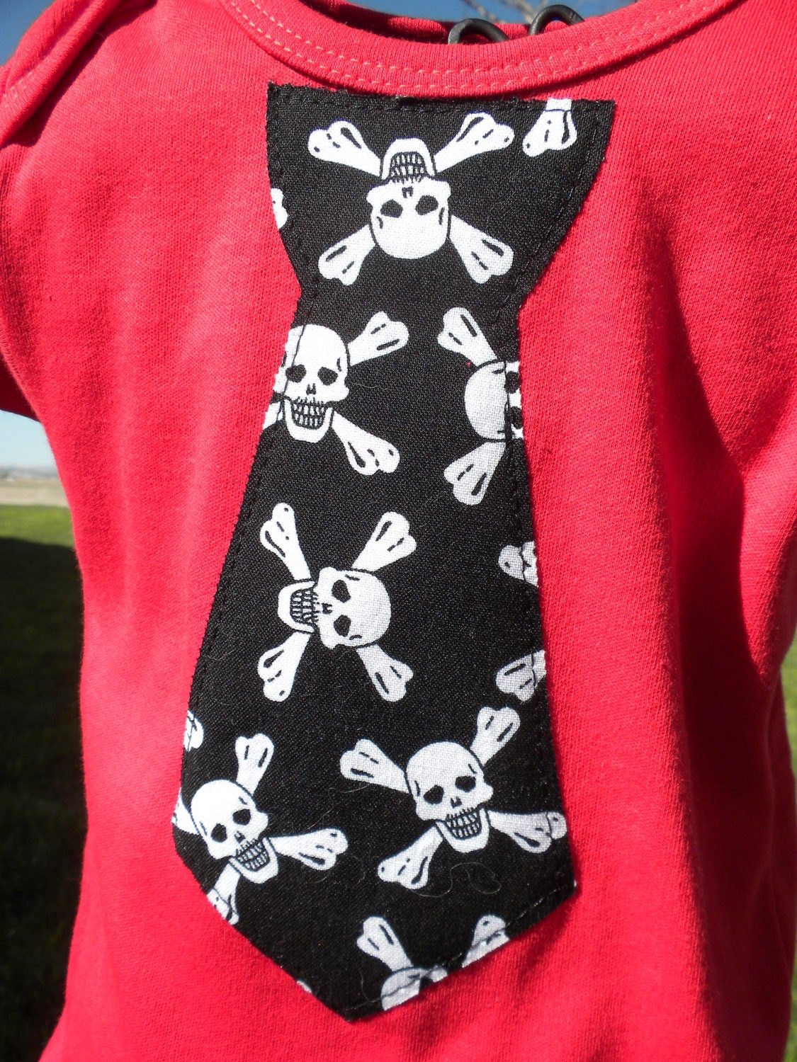 Sample Sale - Punk Skulls Tie on Red Shirt - Size 0/3 mo. - Ready to Ship