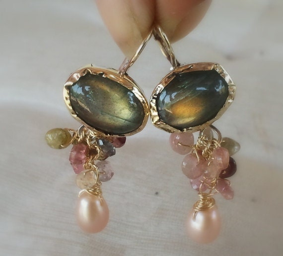 Special Reserved for Sandra -Solid Gold  Labradorite Tourmaline Earrings