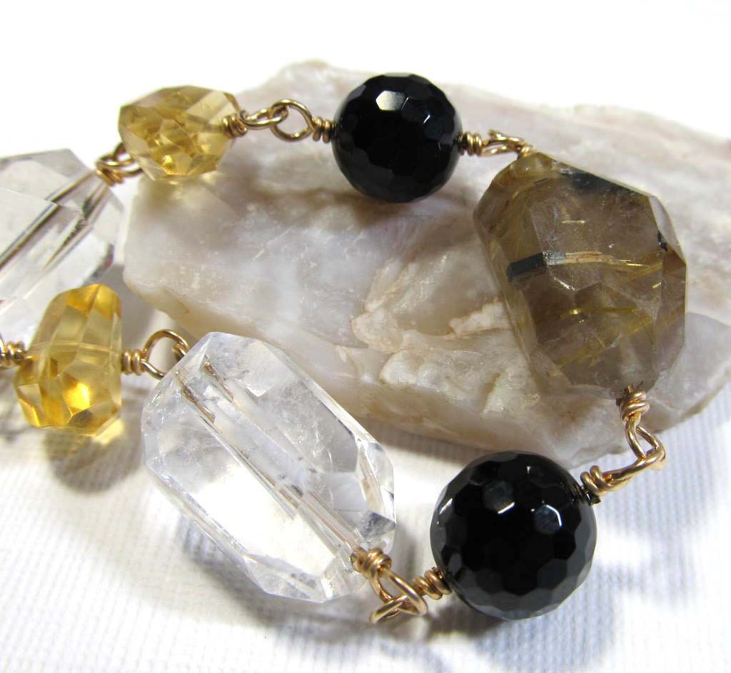 14k Gold Filled Gemstone Linked Bracelet with Gold Rutile Starburst Quartz, Rock Crystal Quartz, Golden Yellow Citrine, and Black Onyx