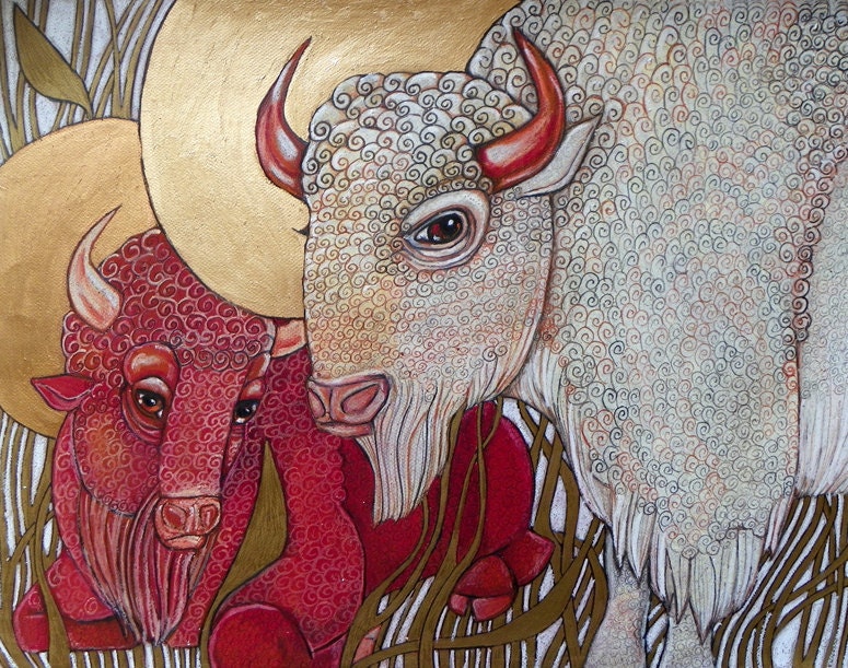 White Buffalo / Red Buffalo / Bison Animal Art Nouveau Artwork by Lynnette Shelley
