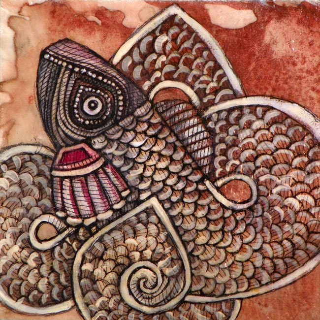Original Celtic / Tribal Mixed Media Fish Knotwork Animal Painting by Lynnette Shelley