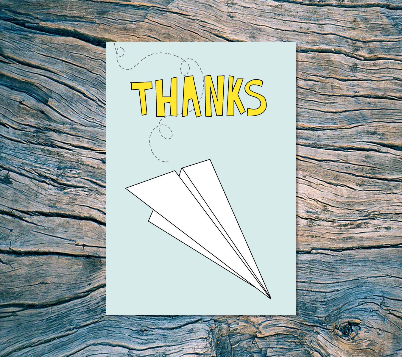 THANKS (paper airplane) folded note card with envelope (blue)