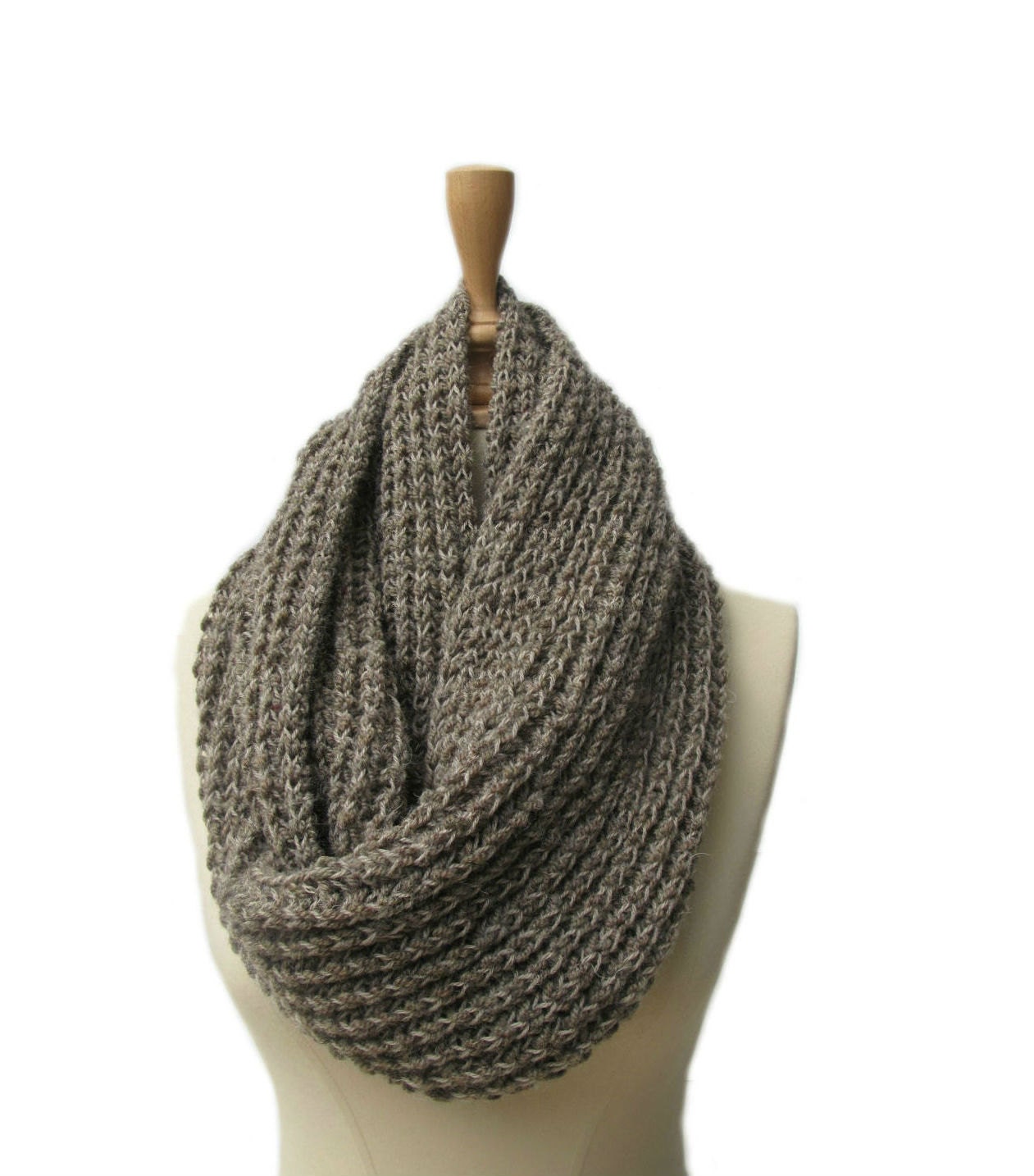 Hand  Knitted  Infinity Scarf Taupe Brown