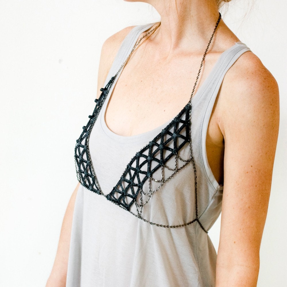 Haute Couture Modernist Bikini - Lace and chain body harness jewelry (in black)
