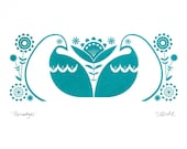 Partridges in Teal - Hand Pulled, Signed, Gocco Screen Print
