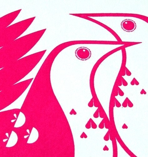 Song Thrushes in Scandinavian Red - Hand Pulled, Signed, Gocco Screen Print