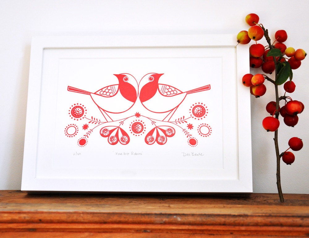 Rose Hip Robins - Hand Pulled, Signed, Gocco Screen Print