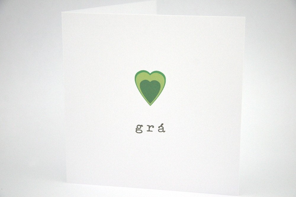 Love Card -Gra - Irish Languge Card - Green Heart Print - Irish translation Printed on Back - Made in Ireland