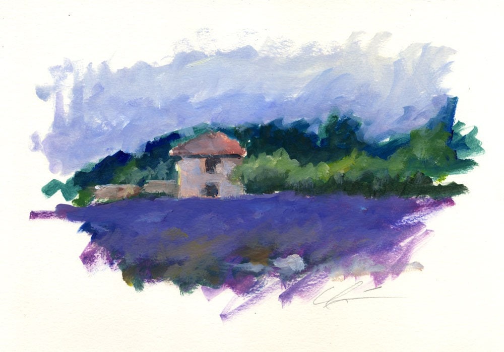 Purple and Veridian Green landscape, French Farm House, LAVENDER HILLSIDE by Clair Hartmann original oil painting on paper