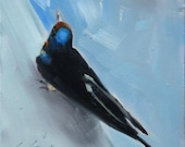 Painterly Purple Martin, Barn Swallow, Blue, Water, Black, Rust, Sitting Swift Bird - Original Painting by Clair Hartmann