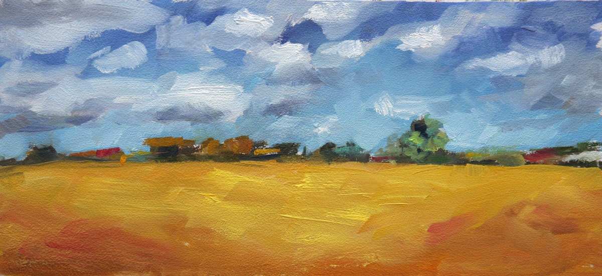 Expansive Orange Yellow, Wheat Field with Brown, Rustic Farm, Original Oil painting by Clair Hartmann