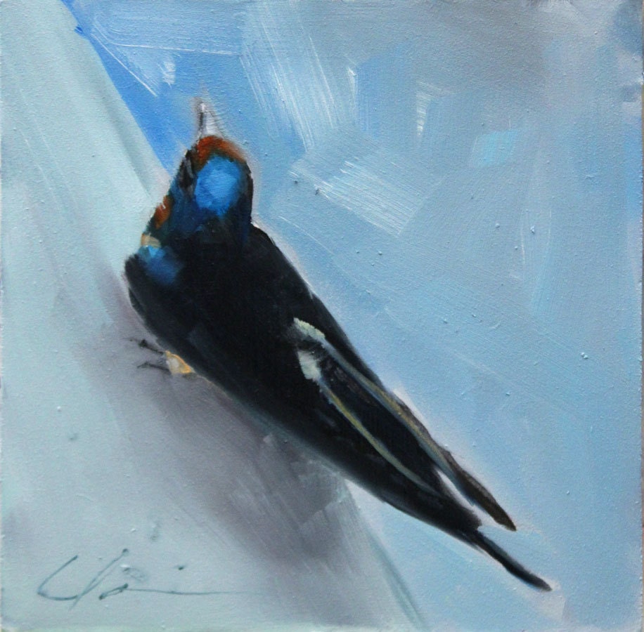 Painterly Purple Martin, Barn Swallow, Blue, Water, Black, Rust, Sitting Swift Bird - Original Painting by Clair Hartmann