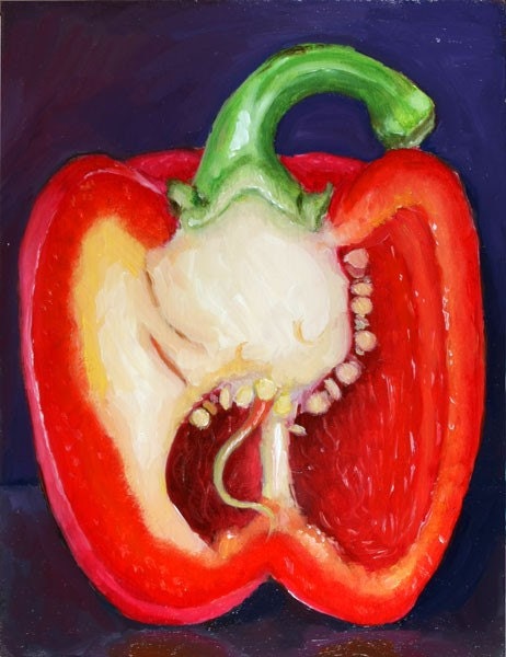 Big Red, Delicious Cut Pepper, Seeds, Half Original Oil Painting by Clair Hartmann