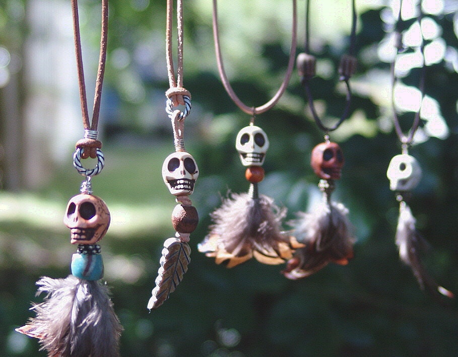 Voodoo Choker/Necklace - Skull, Feathers & Leather - Quantity One