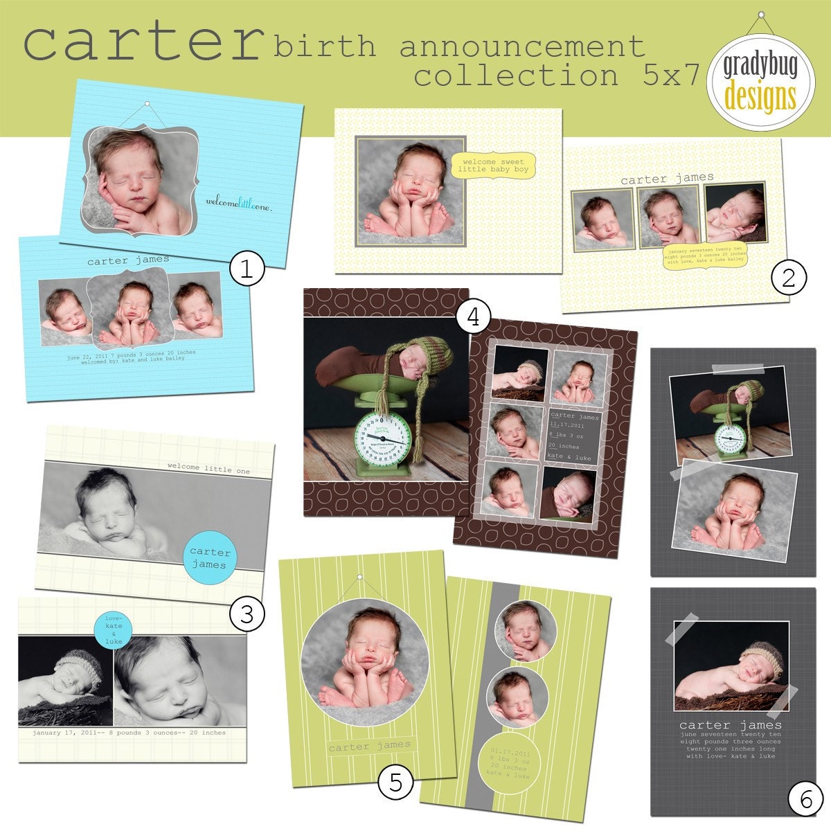 Carter Birth Announcement Collection -BOY TEMPLATES- 5x7- Templates for Photographers-WHCC specs