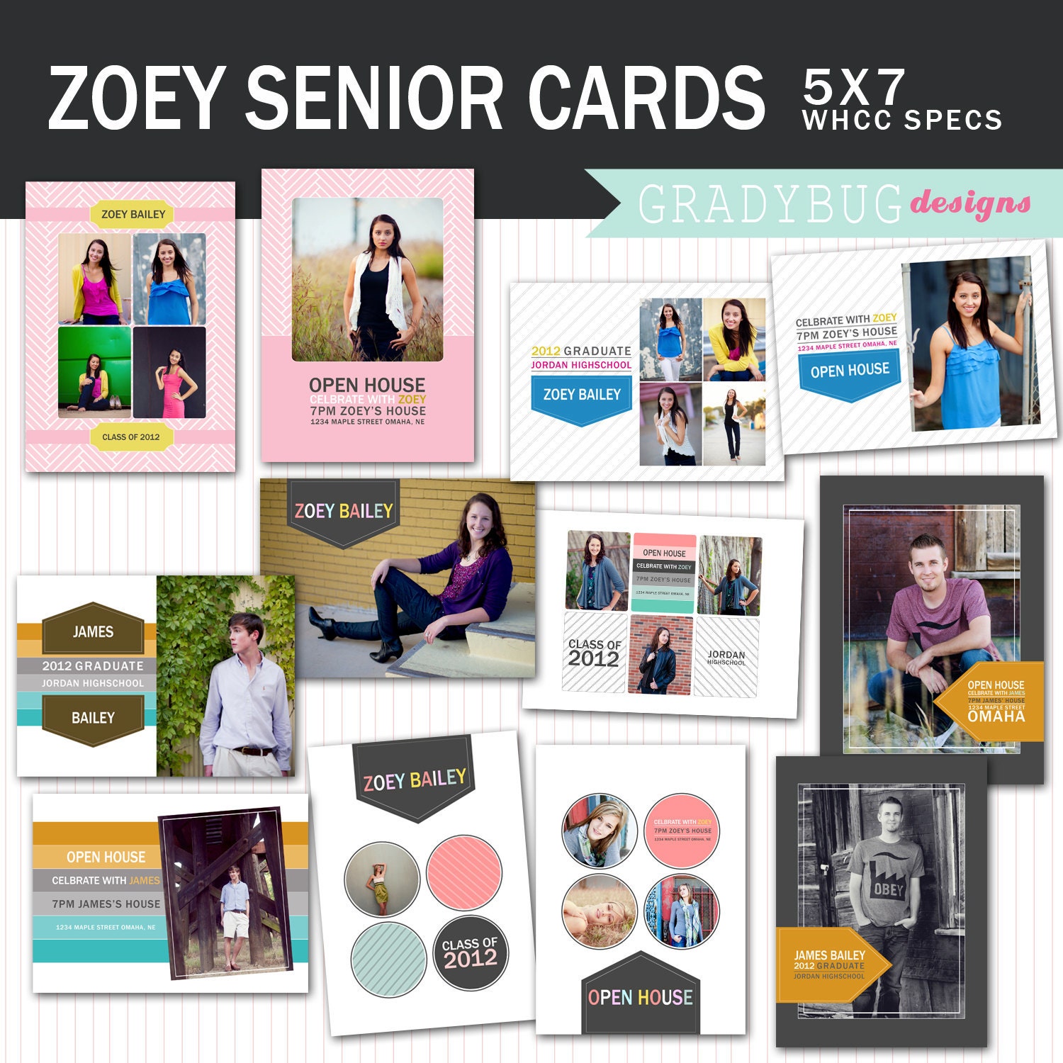 Zoey Senior Collection - Graduation Templates for Photographers - 5x7 WHCC Specs - Highschool Seniors