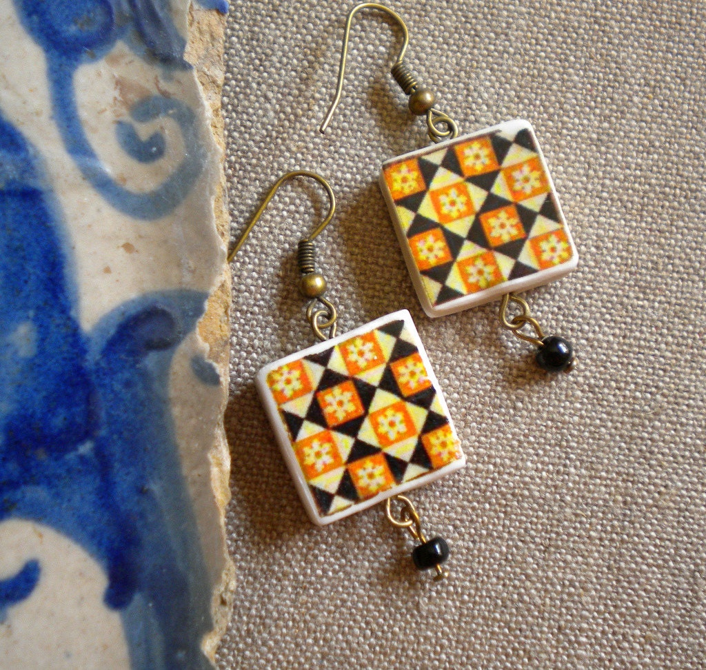 AntiqueTile Replica Earrings from OVAR Portugal (see photo of actual Facade)  WATERPROOF