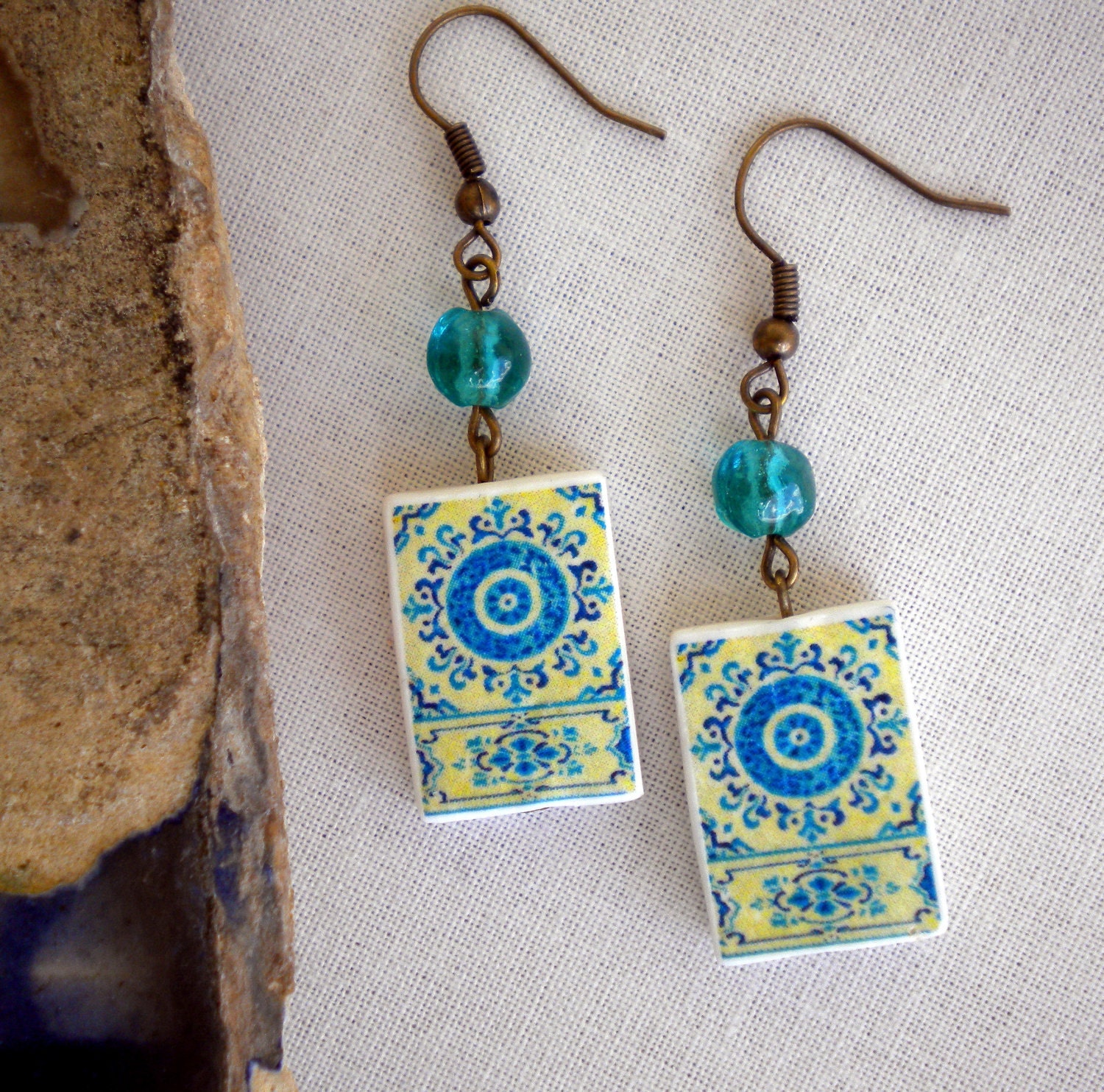 Portugal  Antique Tile Replica Earrings,  Blue and light yellow - MURTOSA waterproof and reversible