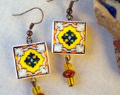 Portugal  Antique Tile Replica Earrings,  Green and Yellow  ESGUEIRA  - waterproof and reversible