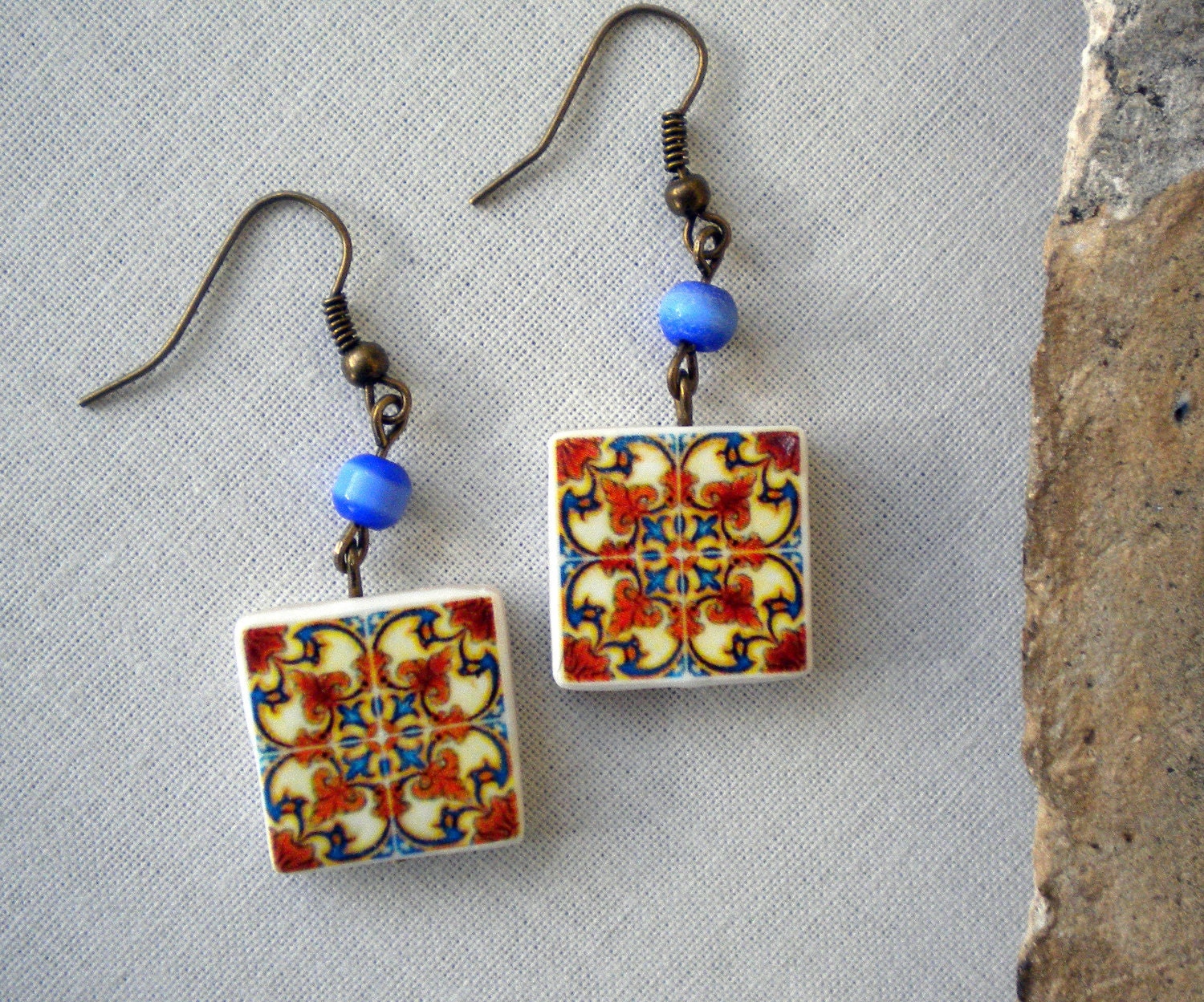 Portugal  Antique Tile Replica Earrings,  Terracotta and Blue  - AVEIRO - waterproof and reversible