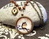 Brown Owl Cameo Necklace with Heart Keyhole Charm, Fall Autumn Pendant Necklace Set with Earrings - florasfancy