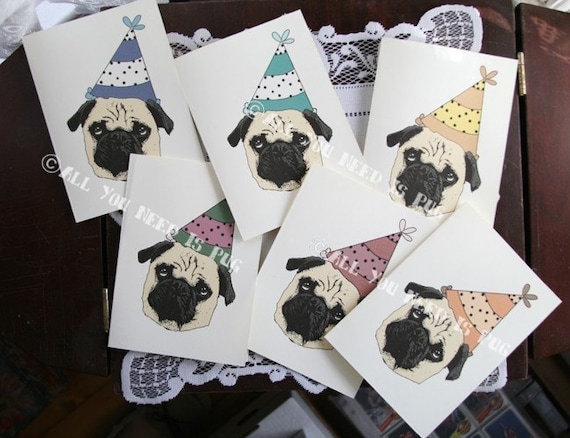 Party Pugs - Set of 6 Birthday Cards