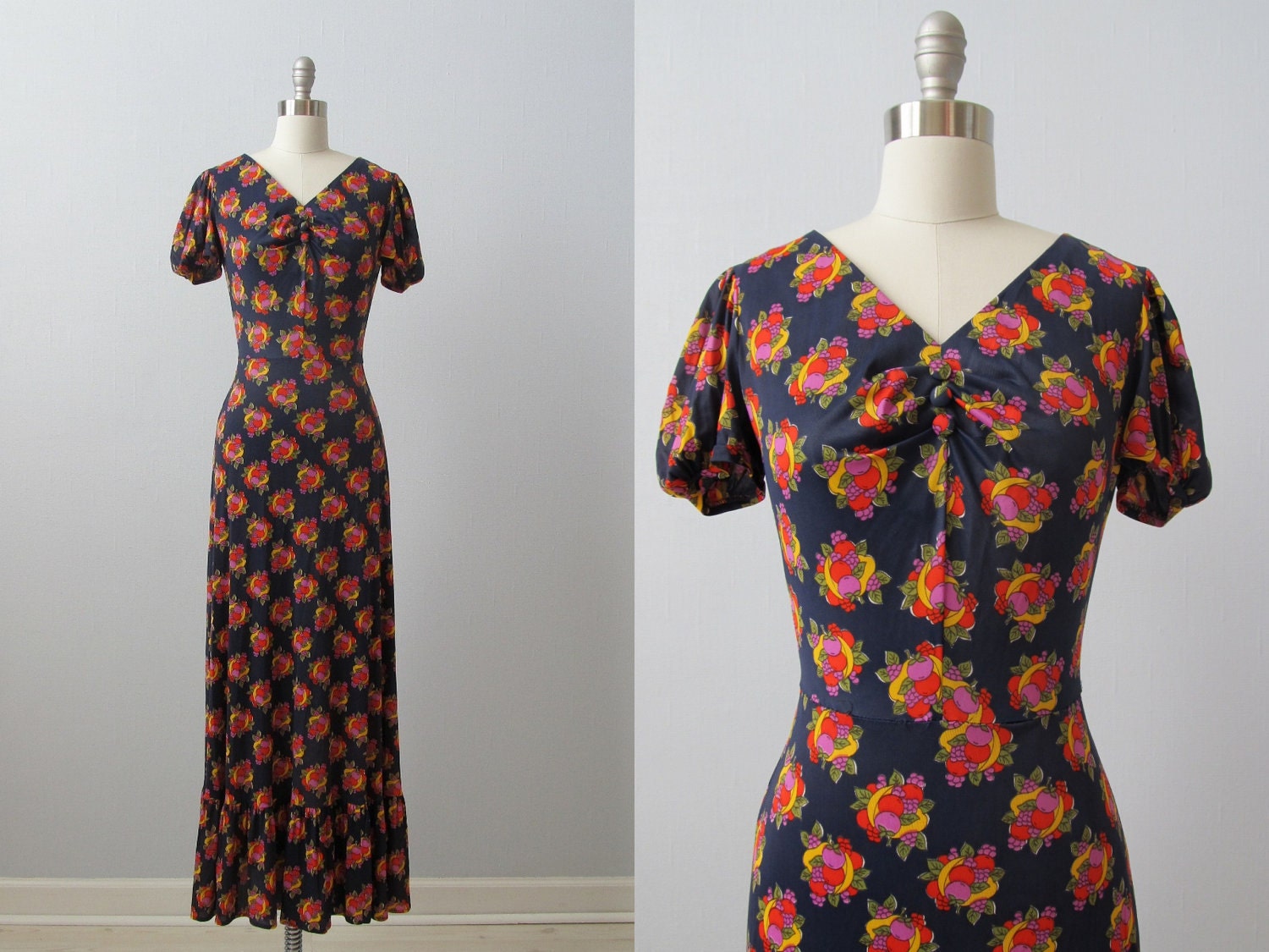 vintage Maxi Dress / 1970s Maxi Dress / Fruity Print / Playful Statement