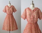 vintage 1950s Dress / 50s Dress / Ruffled Bodice / Pink Cosmos