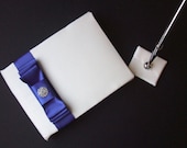 Romantic Satin Wedding Guest Book and Pen Set with Rhinestone Accent...You Choose the Satin Colors.... shown in ivory/royal blue