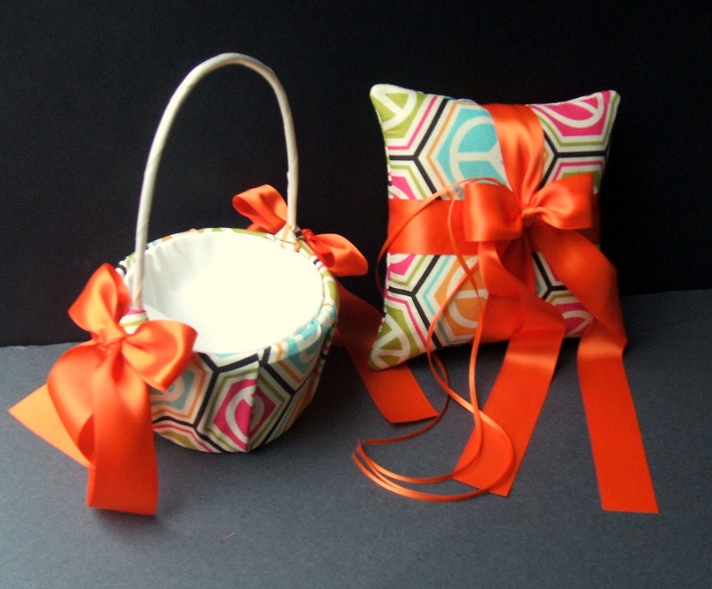 Romantic Style Ring Bearer Pillow and Flower Girl Basket in the Pattern Collection..Customizeable..Shown in spring peace sign/orange
