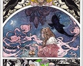 The Gypsy Girl and Grandmother Toad 8 X 10 Art Fantasy Drawing Illustration Print in Canvas Cloth