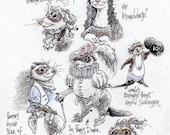A Collection of Famous Ferrets Animal Art Canvas Cloth Print Illustration Drawing by K. King 8X10
