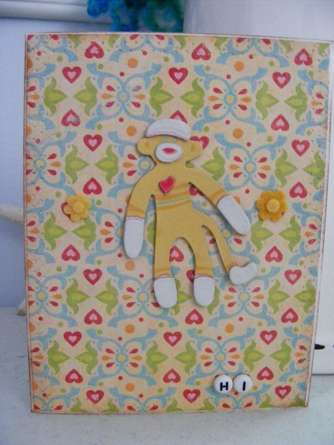 Handmade Sewn All Occasion Sock Monkey HI Flower Greeting Card Vintage Look