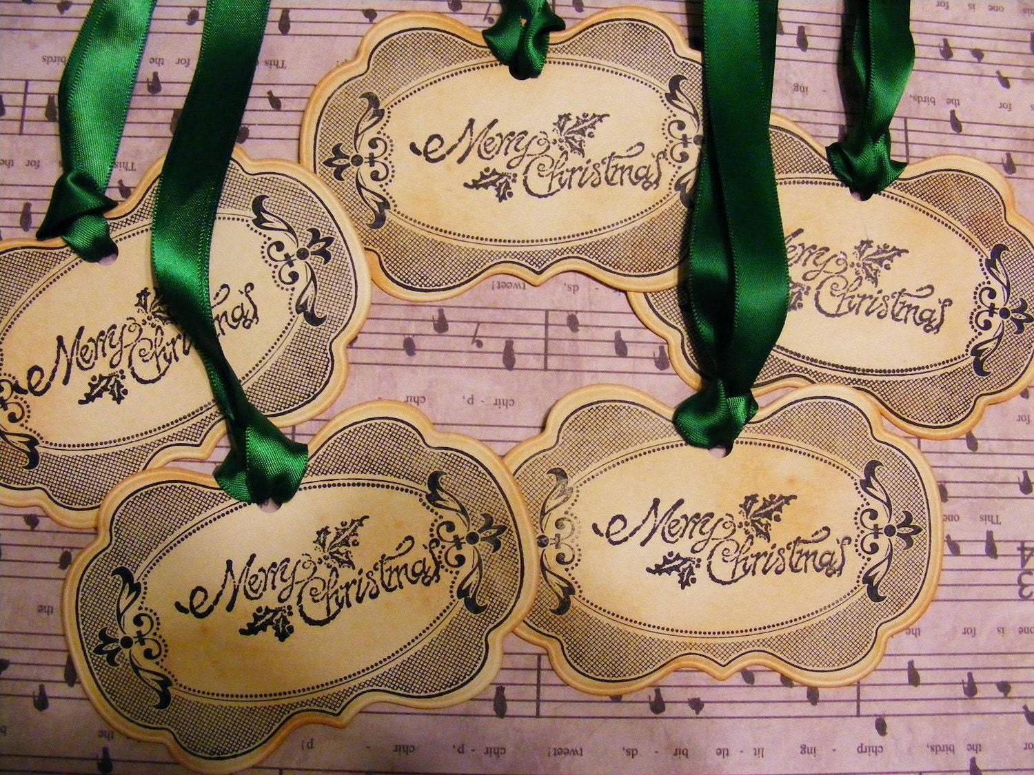Quick Shipping Vintage Style Merry Christmas Gift Tags Labels Holiday Set of 5 Handmade
