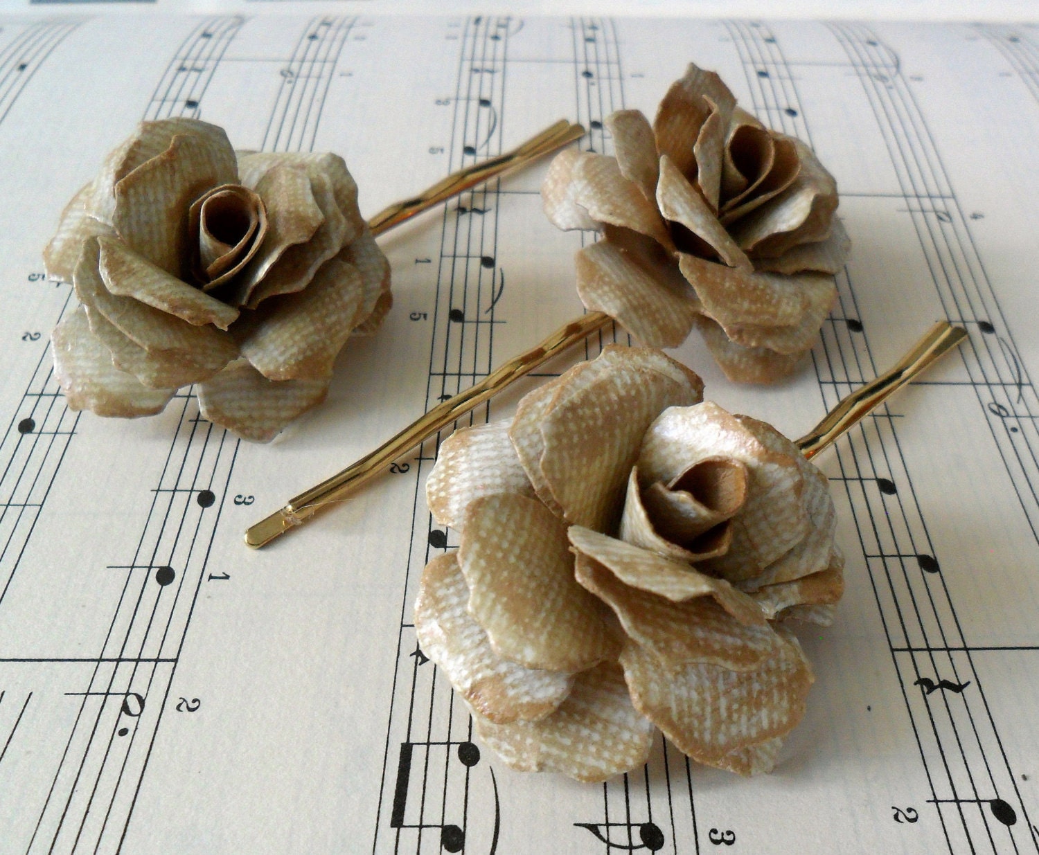 NEW - shabby chic/vintage style hair pins with handmade flowers - set of 3 - can be made in any colour