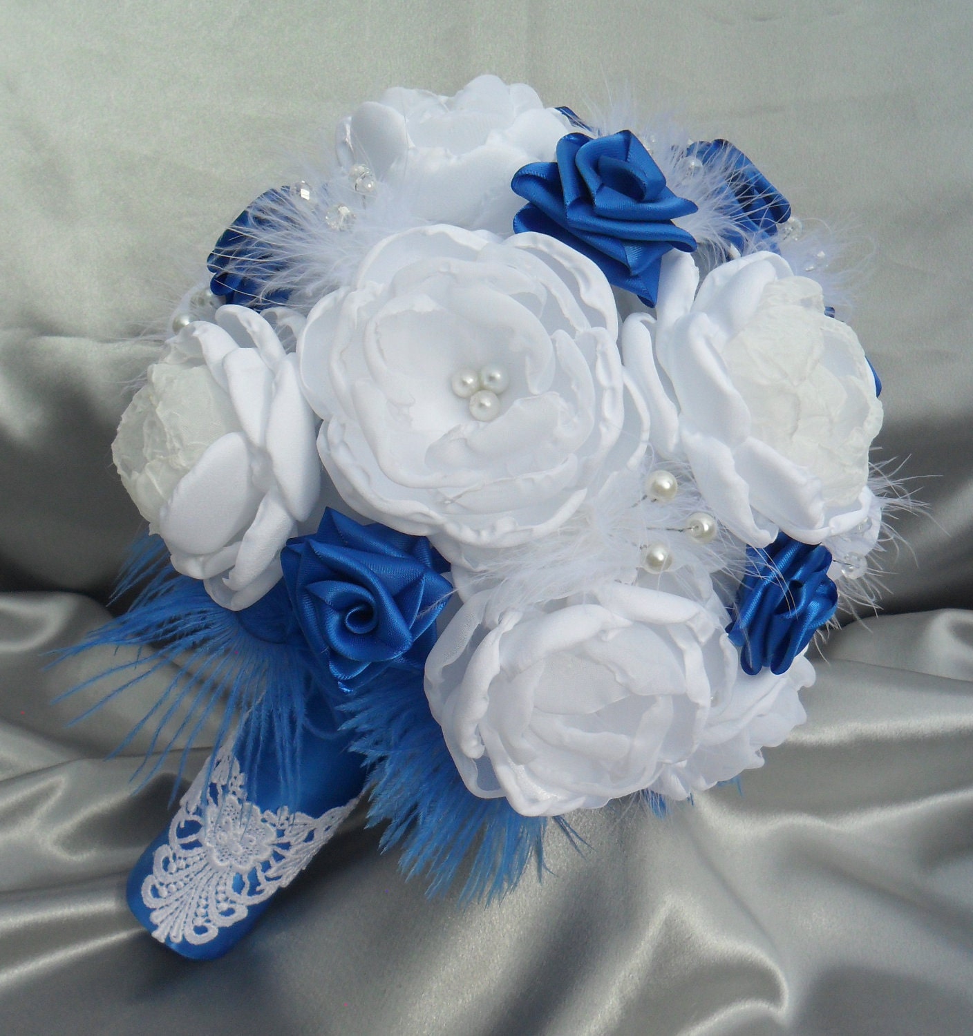 Luxury fabric bridal bouquet and boutonniere in royal blue and white - can be custom made in any color.