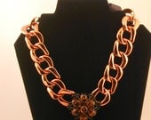 Amber and filigree brooch w copper plated acrylic chain