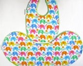 Matching Bib and Burp Cloth Gift Set  - Colorful Elephants on Lime Green Minky