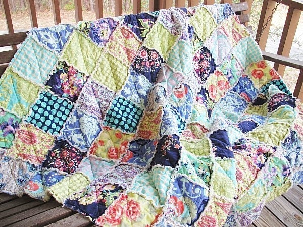 Rag Quilt Throw, Large, Love in Soul, navy blue green, ALL NATURAL, fresh modern handmade