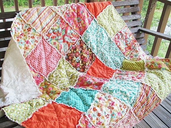 Picnic Throw Quilt, Rag, Sweet Nothings, pink green brown orange, ALL NATURAL, fresh modern handmade