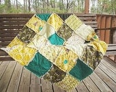 Picnic Quilt Throw, Rag, Outfoxed, green / yellow, foxes hedghogs, ALL NATURAL, fresh modern handmade