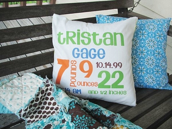Baby Birth Stat Pillow and Sham, ALL NATURAL, fresh modern handmade children