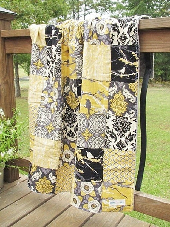 Minky Crib Quilt, Aviary 2 in granite, black grey silver yellow, PLUSH for baby, fresh modern handmade children